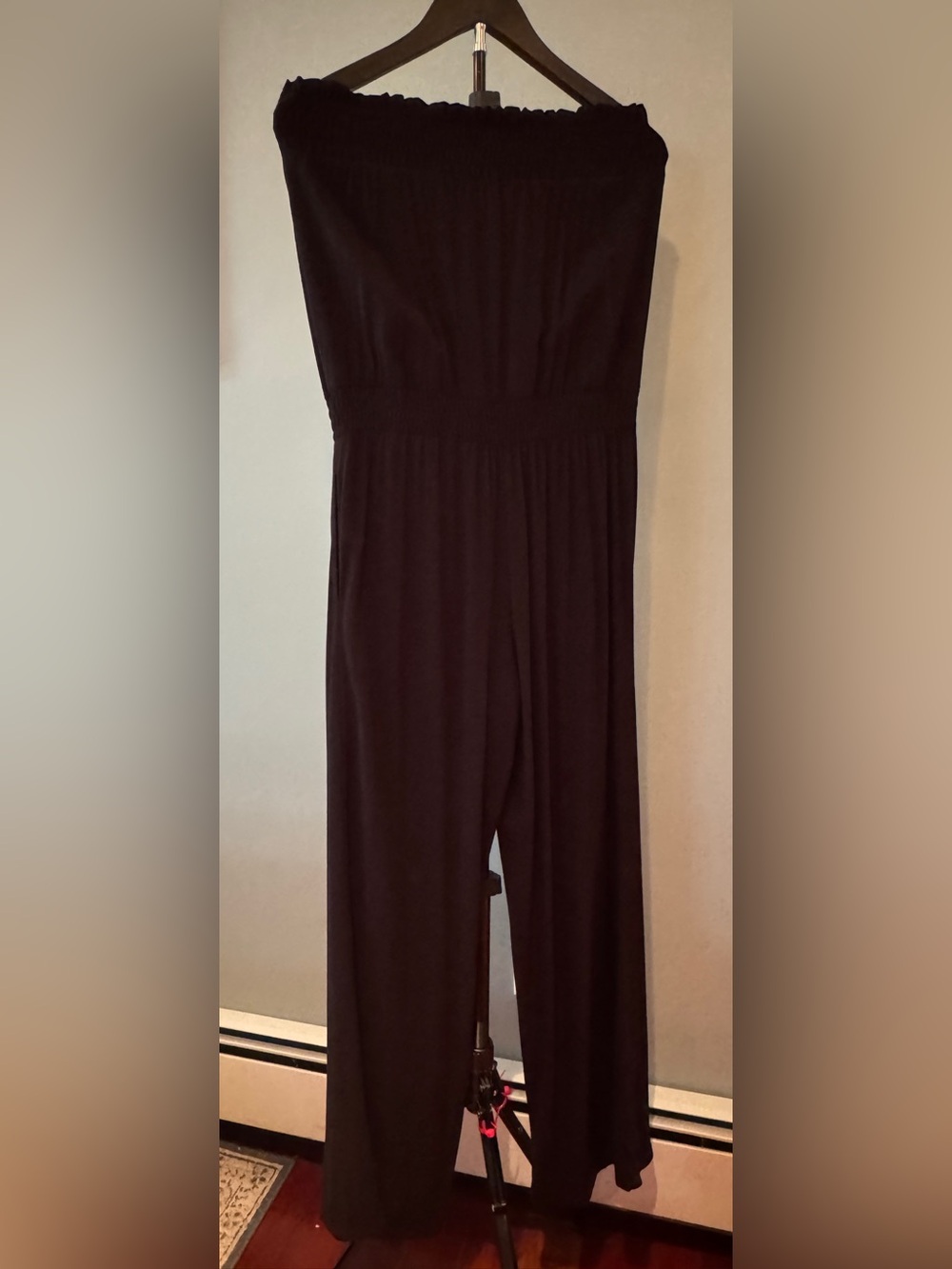 INC Women’s  Jumpsuit Black Smocked Banded Strapless  Size Med Rayon EUC